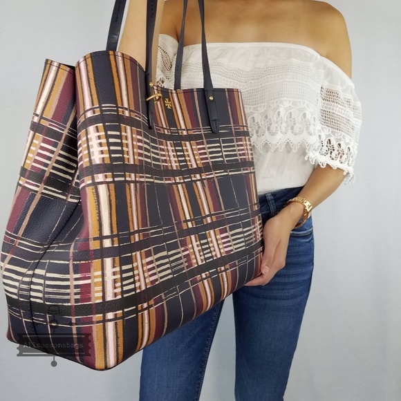 Tory Burch Kerrington Square Plaid Philly Tote Bag - Picture 3 of 8
